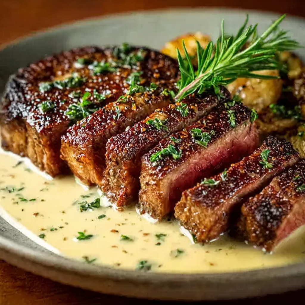 Juicy Steak with Creamy Garlic Sauce for Dinner